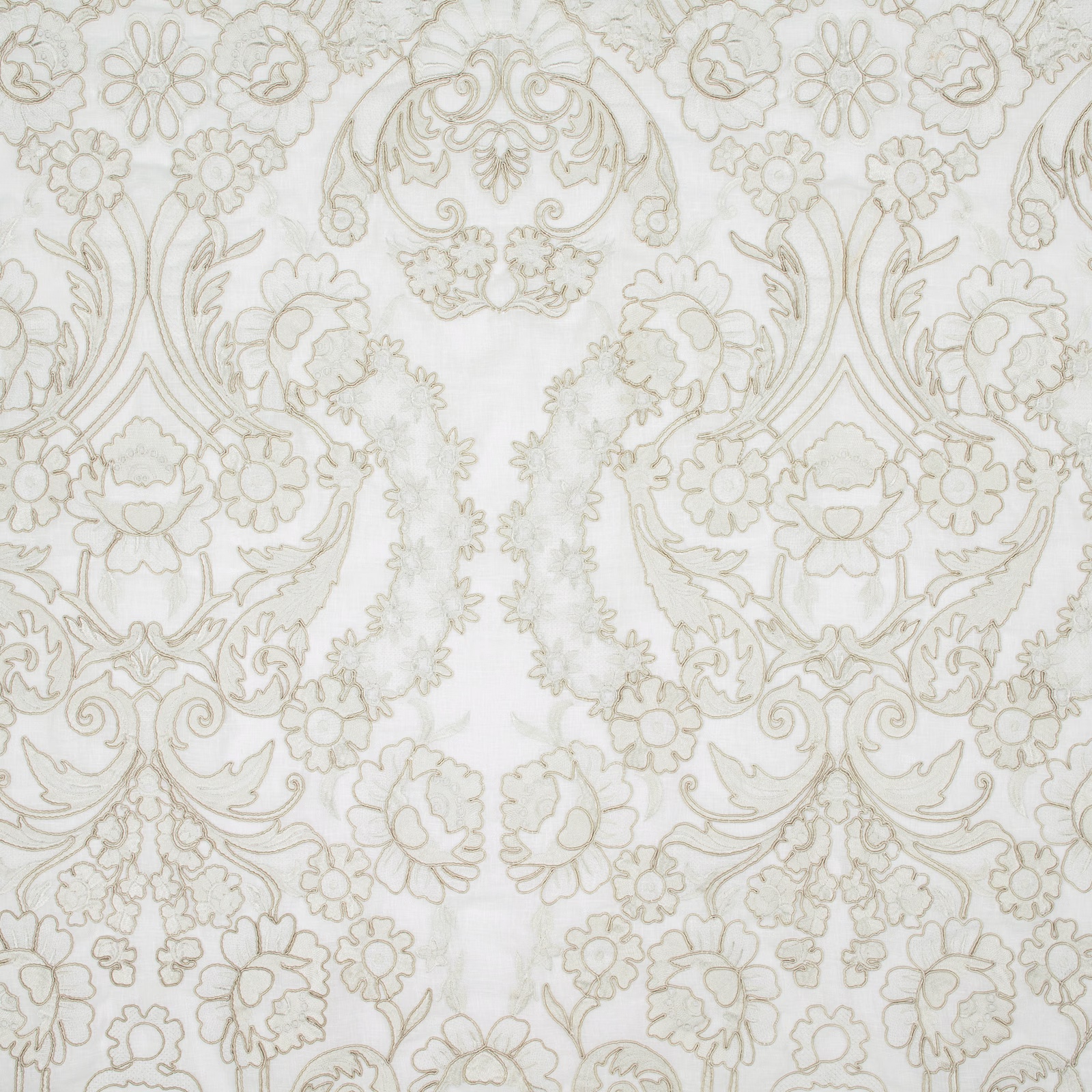 Pale opal fabric with taupe floral damask, scrolling leaves and medallion motifs
