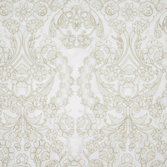 Pale opal fabric with taupe floral damask, scrolling leaves and medallion motifs