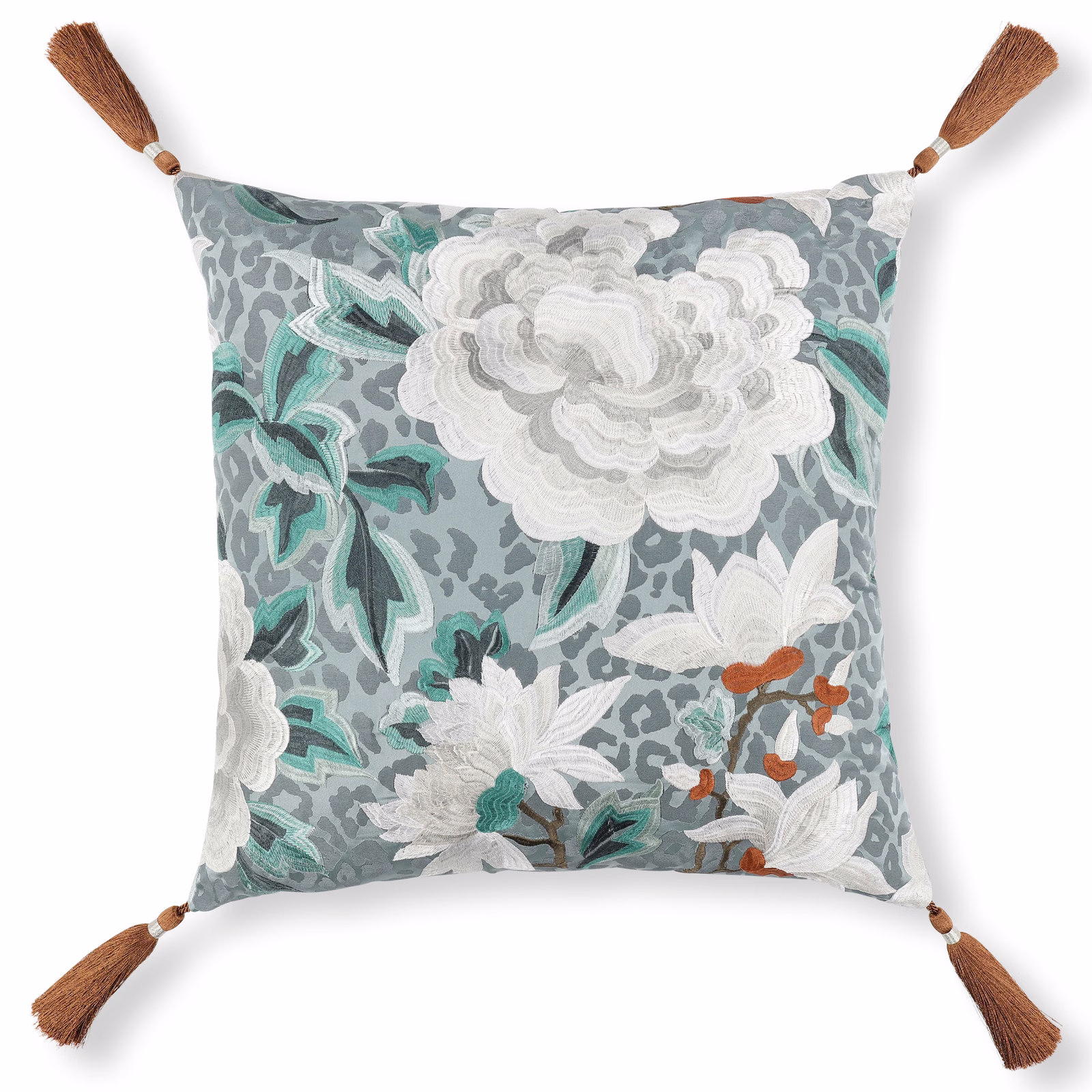 Blue-grey floral embroidered cushion with teal leaves, white blooms and brown tassels