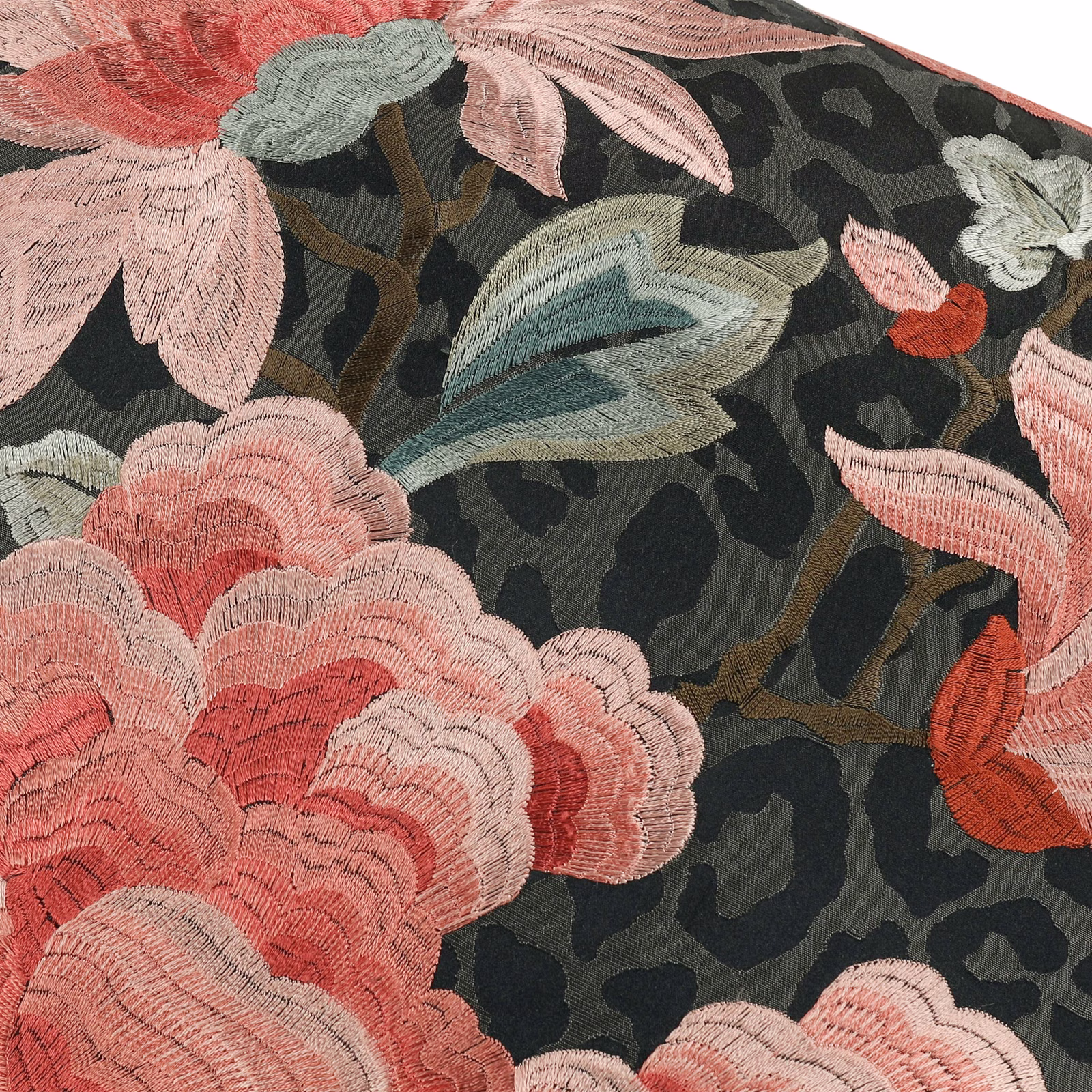 Charcoal floral embroidery with coral, blush, sage and teal flowers