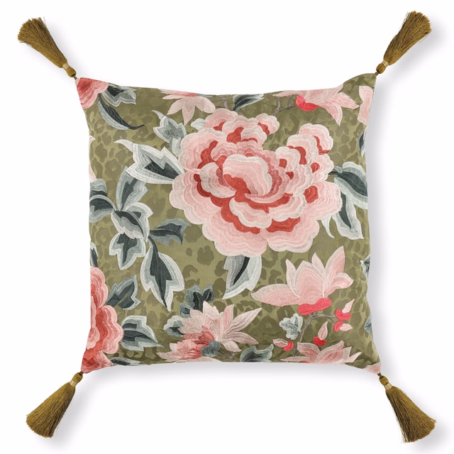 Olive green embroidered cushion with coral blooms and blue-grey leafy motifs