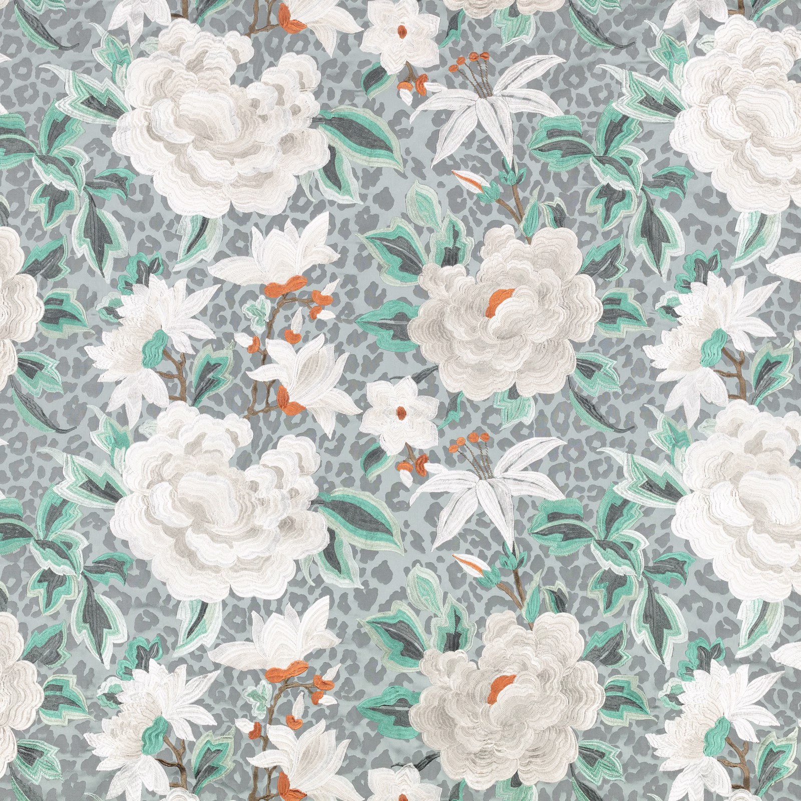 Blue-grey embroidered floral ground with white peonies, mint leaves and coral accents