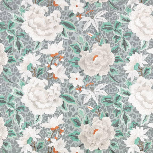 Blue-grey embroidered floral ground with white peonies, mint leaves and coral accents