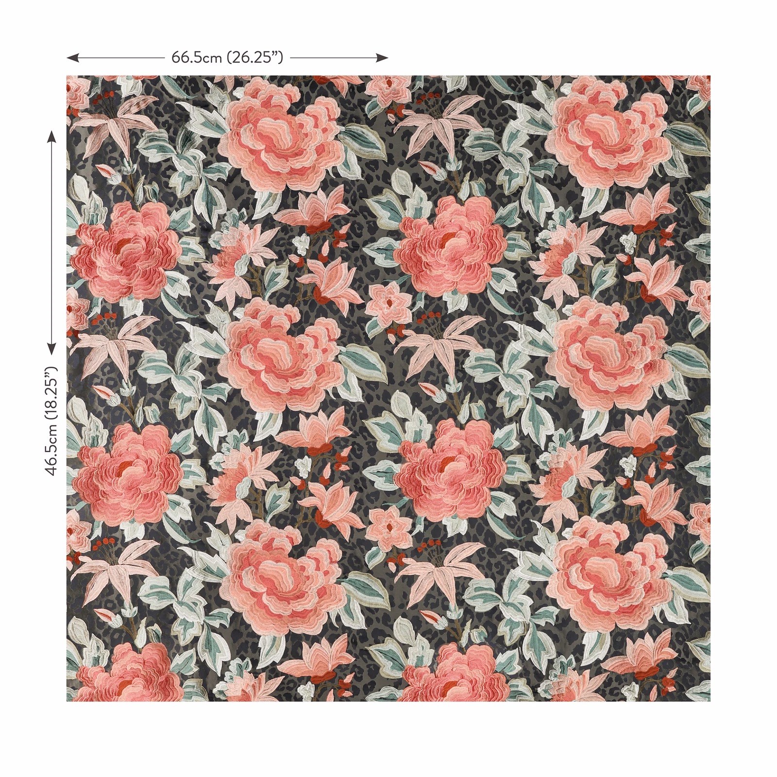 Coral peonies and sage leaves across a charcoal floral embroidery-style ground