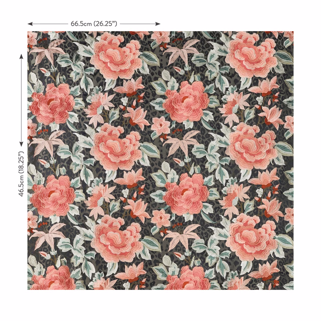 Coral peonies and sage leaves across a charcoal floral embroidery-style ground