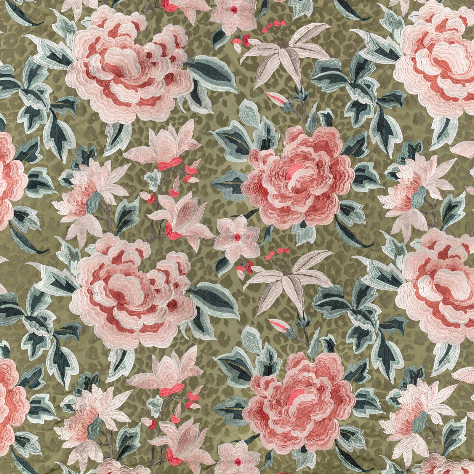 Muted olive floral embroidery with coral peonies, pale pink blossoms and blue-green leaves