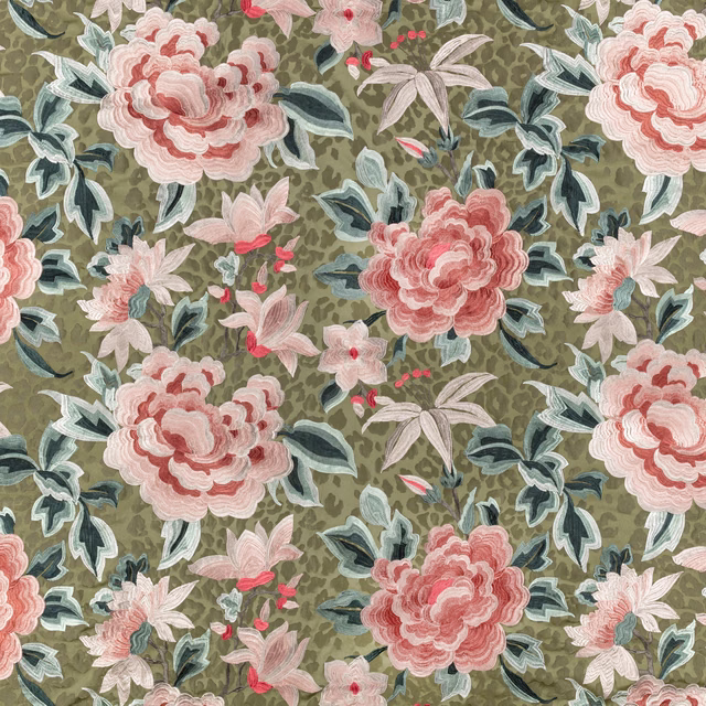 Muted olive floral embroidery with coral peonies, pale pink blossoms and blue-green leaves