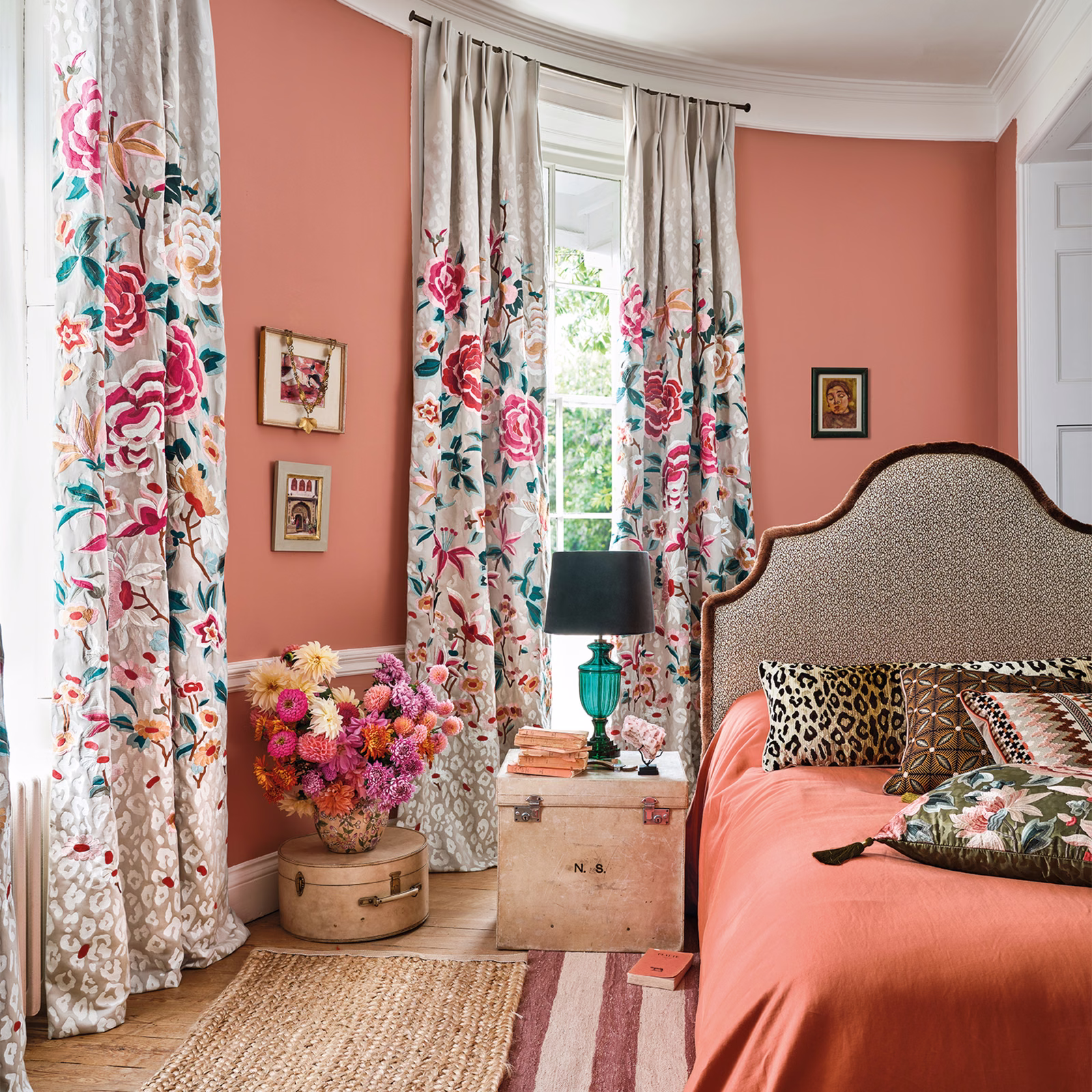 Pale floral curtain with coral blooms, teal leaves and berry botanical detailing