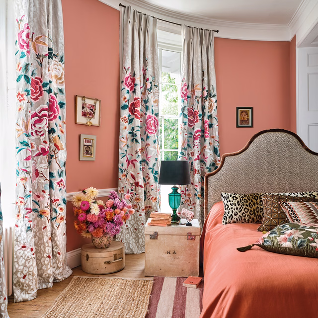 Pale floral curtain with coral blooms, teal leaves and berry botanical detailing