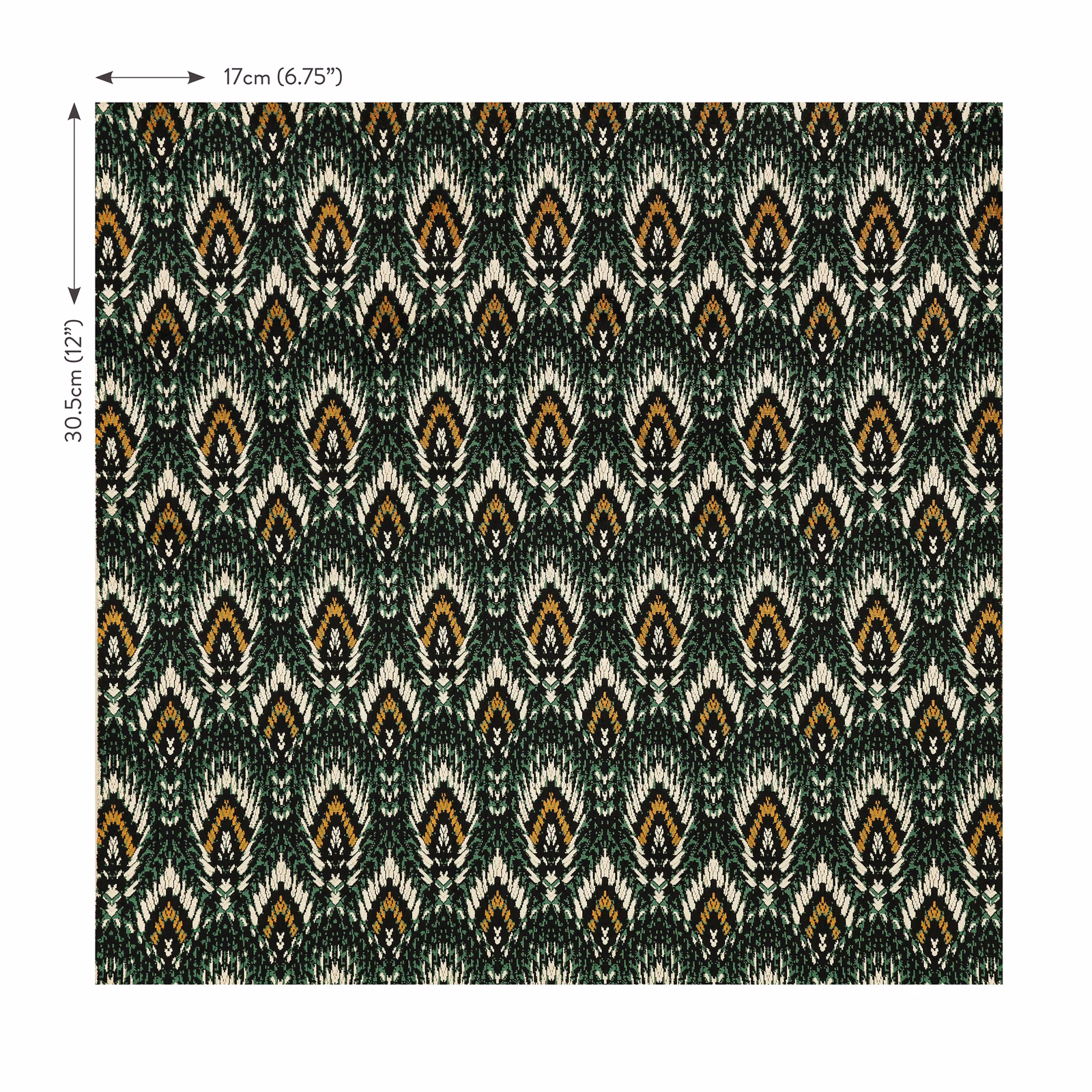 Deep Indian green velvet with cream and ochre ikat diamonds in a dense repeat