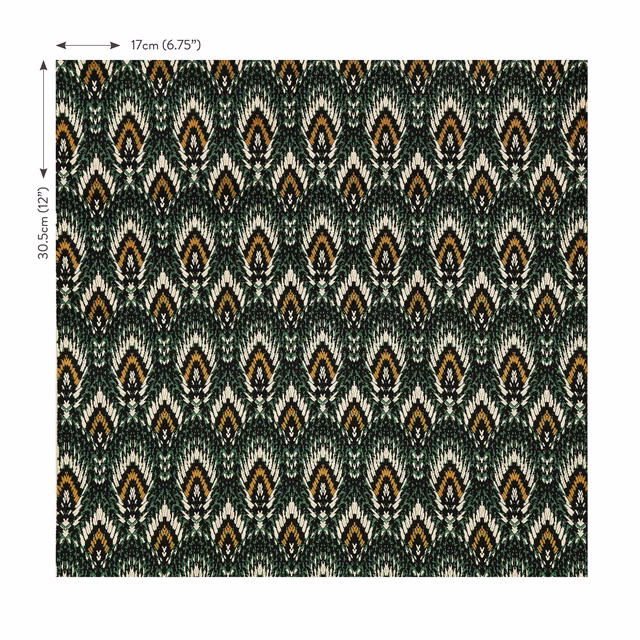 Deep Indian green velvet with cream and ochre ikat diamonds in a dense repeat