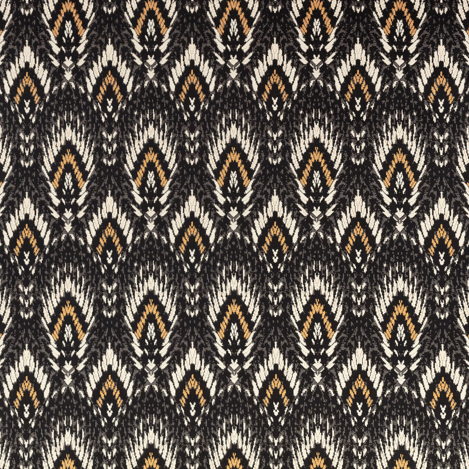 Kohl velvet with repeating cream and ochre diamond motifs in a dense ikat-style weave