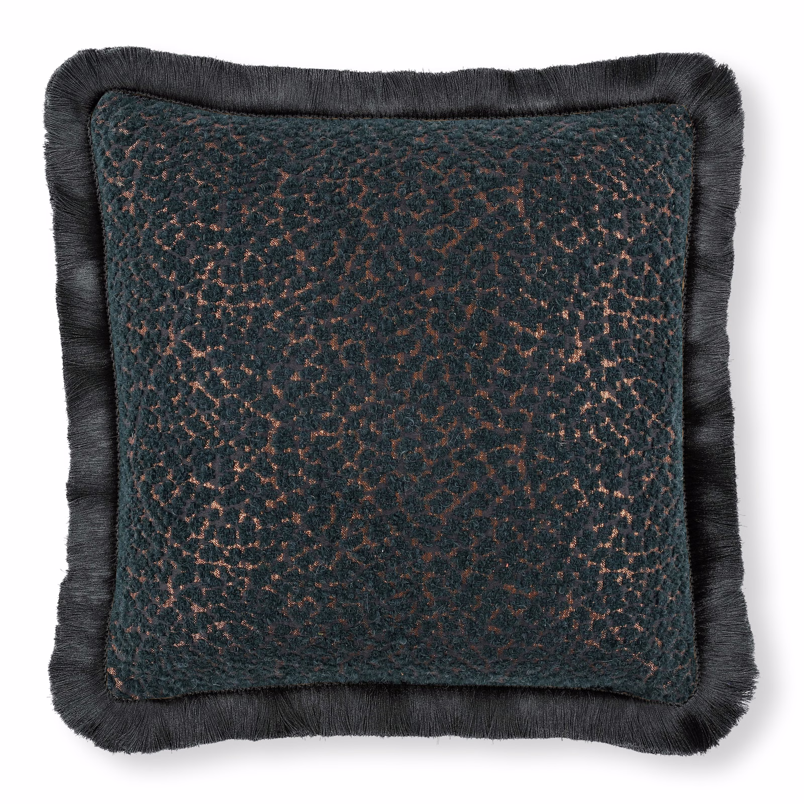 Deep blue-green mottled weave with copper flecks and charcoal fringe