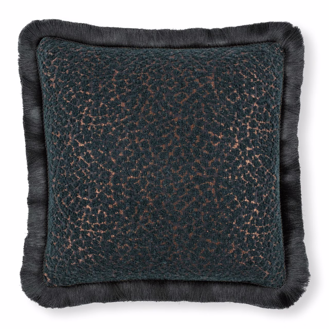 Deep blue-green mottled weave with copper flecks and charcoal fringe