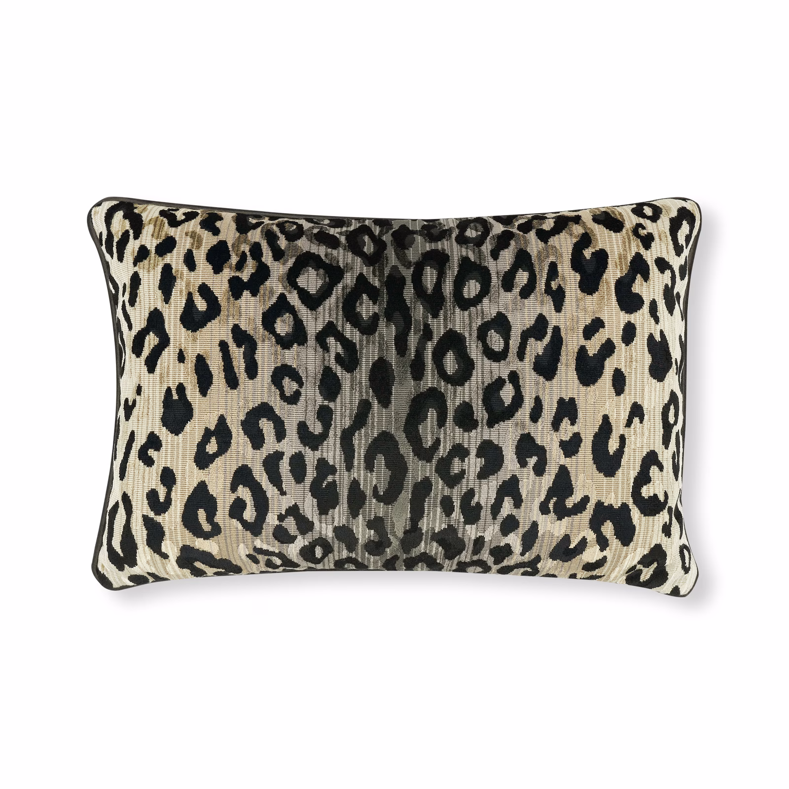 Stone-beige velvet cushion with charcoal leopard spots and subtle vertical nap