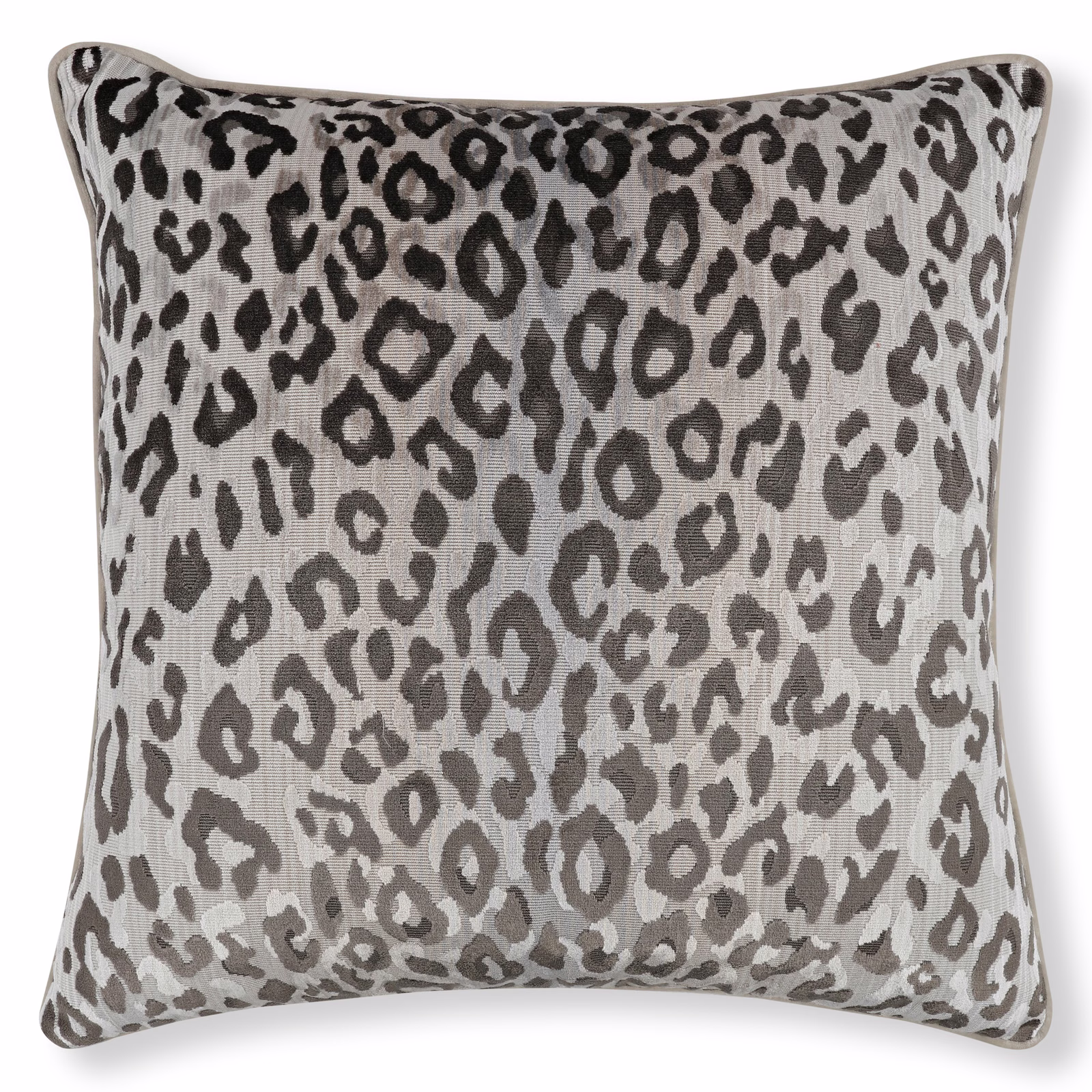 Cool grey velvet cushion with charcoal irregular animal-print rings and spots