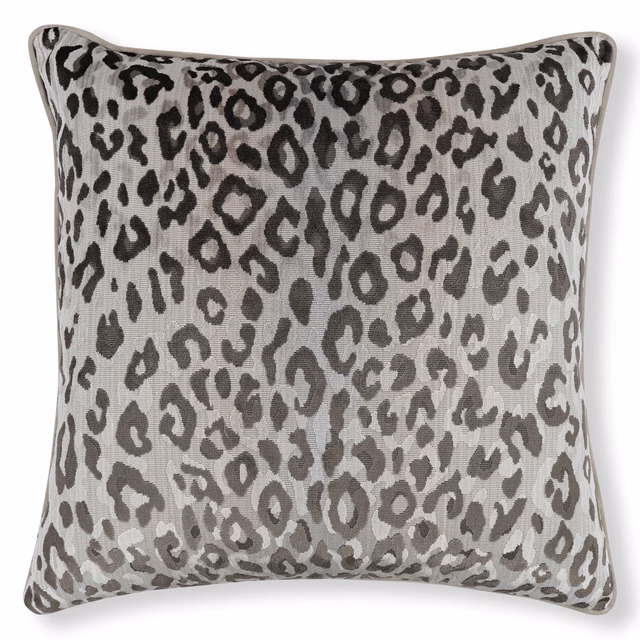 Cool grey velvet cushion with charcoal irregular animal-print rings and spots