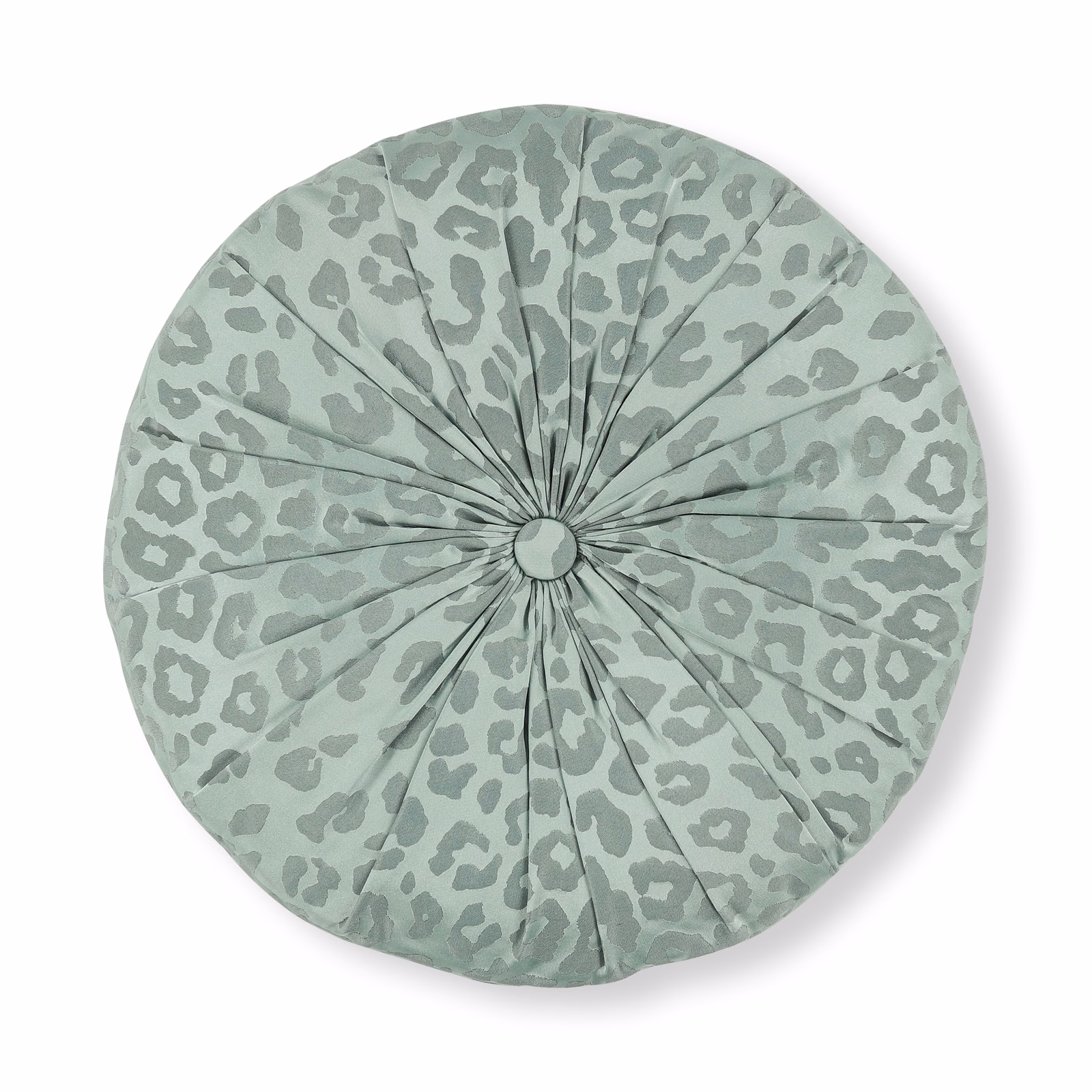 Muted blue-green circular cushion with dark irregular spots and radial pleating