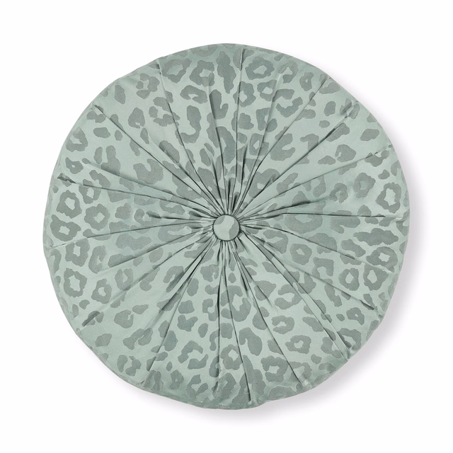 Muted blue-green circular cushion with dark irregular spots and radial pleating