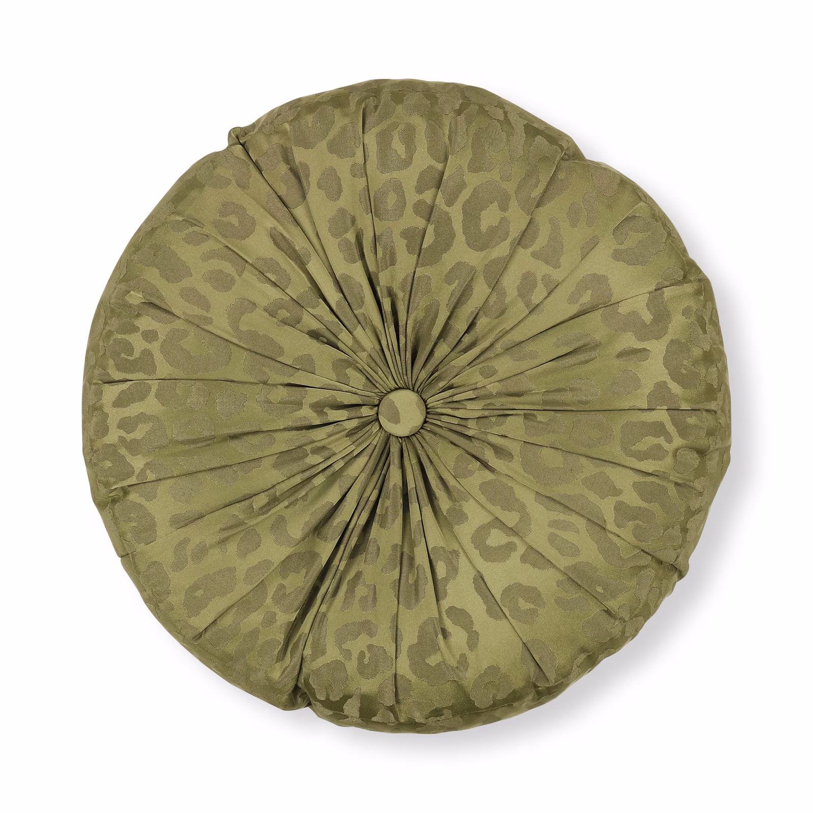 Muted olive cushion with tonal organic spots and gathered radial pleats