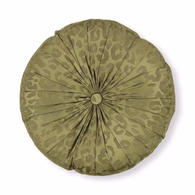 Muted olive cushion with tonal organic spots and gathered radial pleats