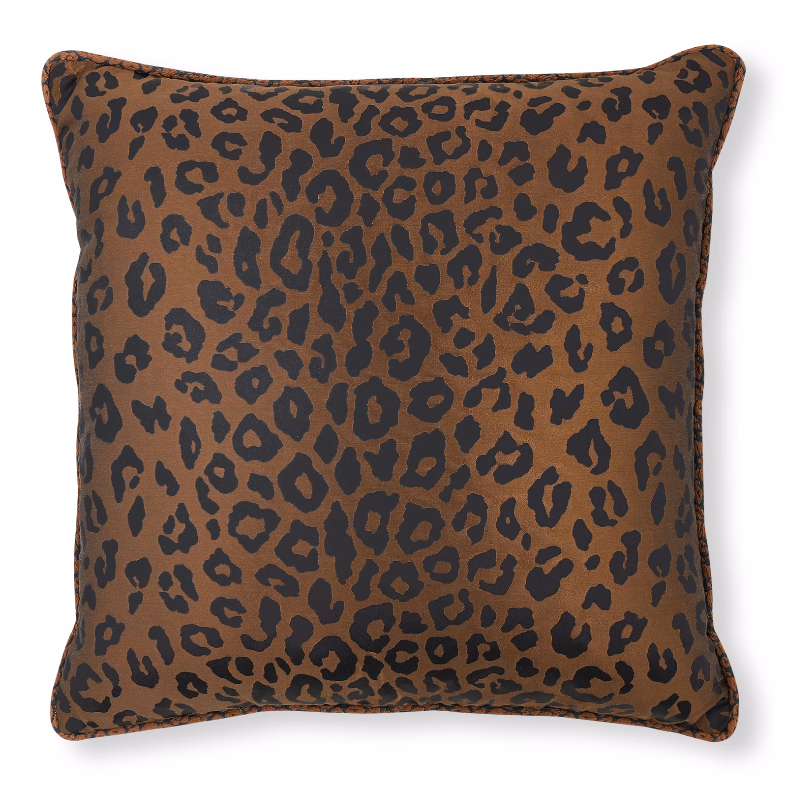 Copper-brown cushion with irregular charcoal leopard spots and a softly lustrous surface