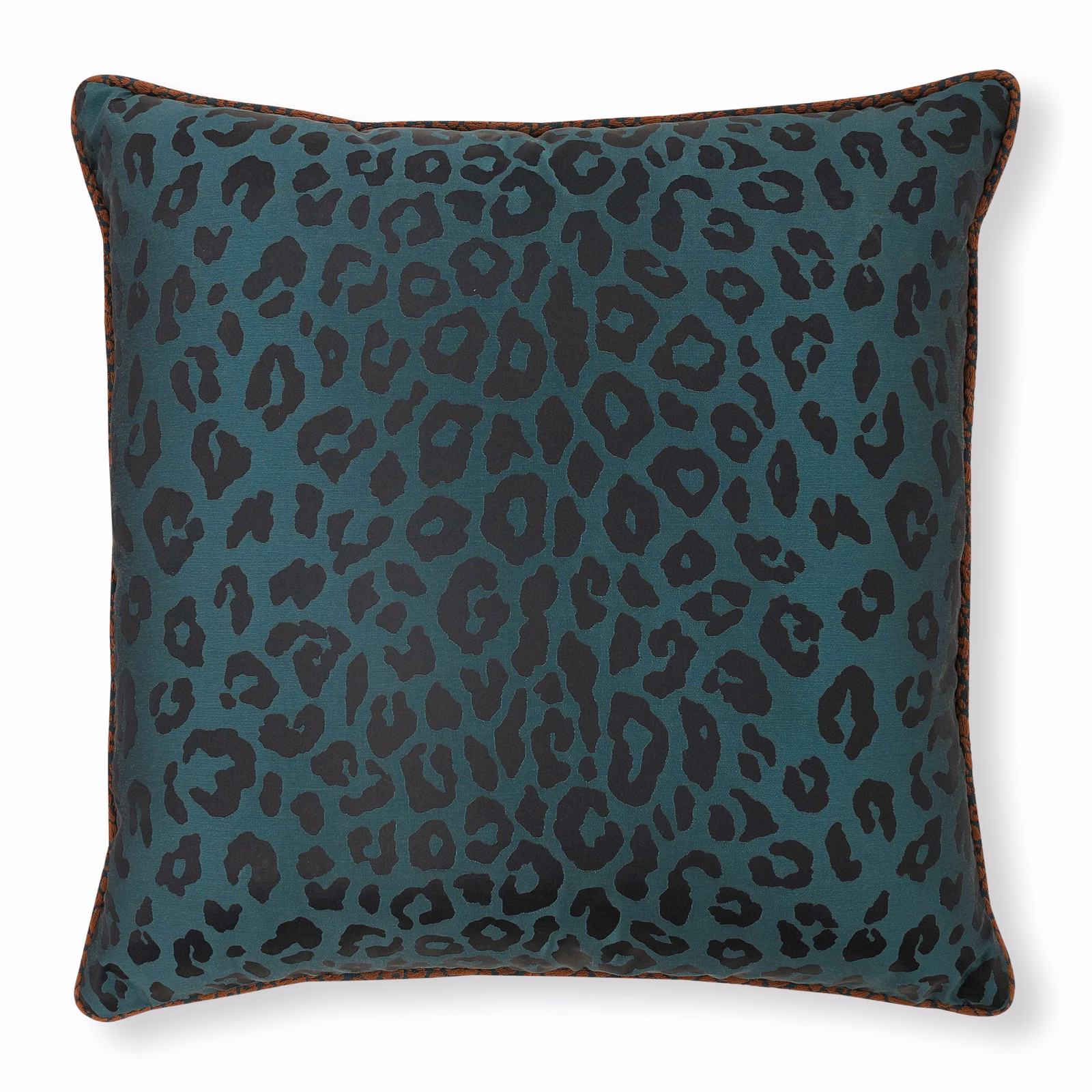 Deep peacock teal cushion with irregular black animal spots and dark piped edge