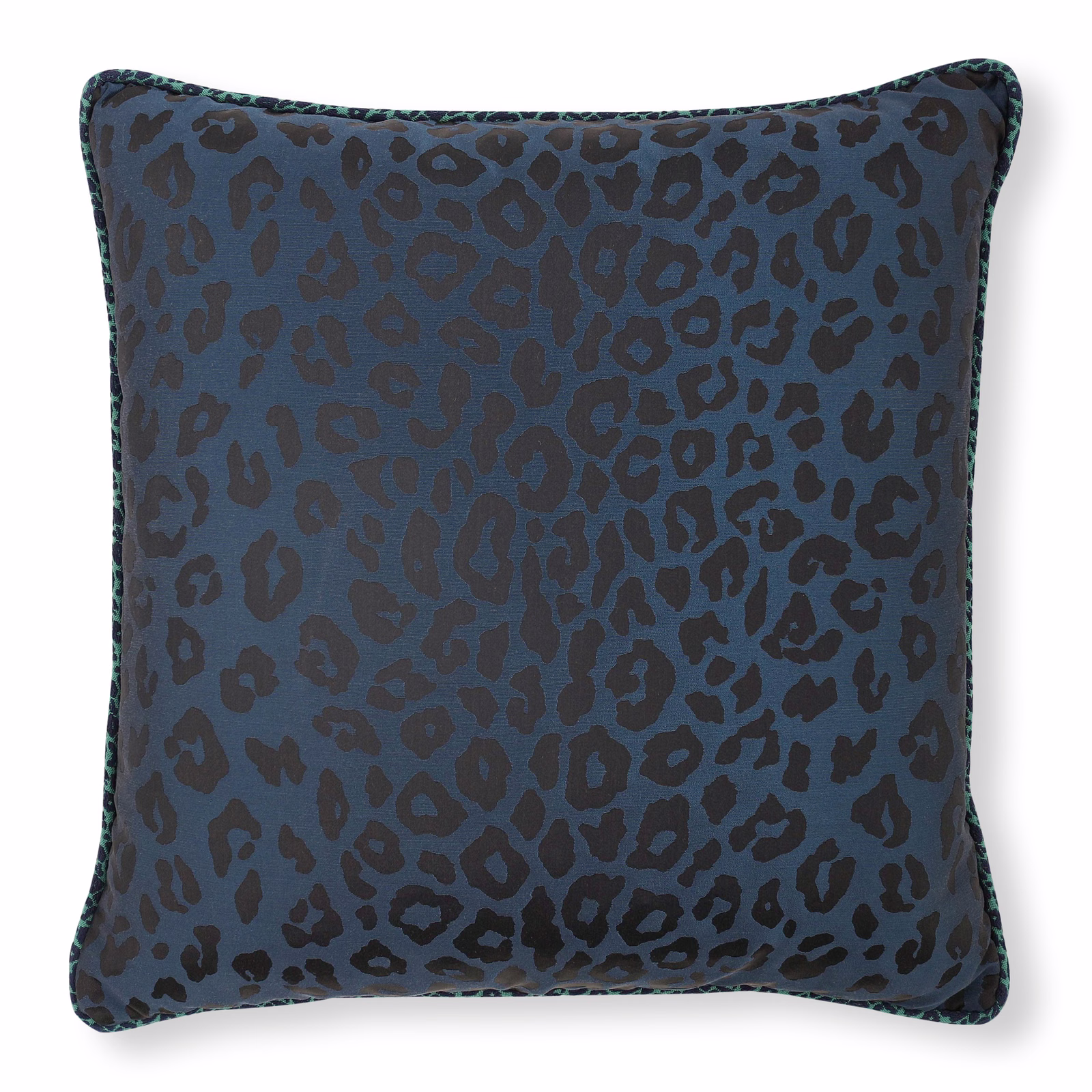 Deep blue-grey cushion fabric with dark irregular leopard spots and softly textured surface