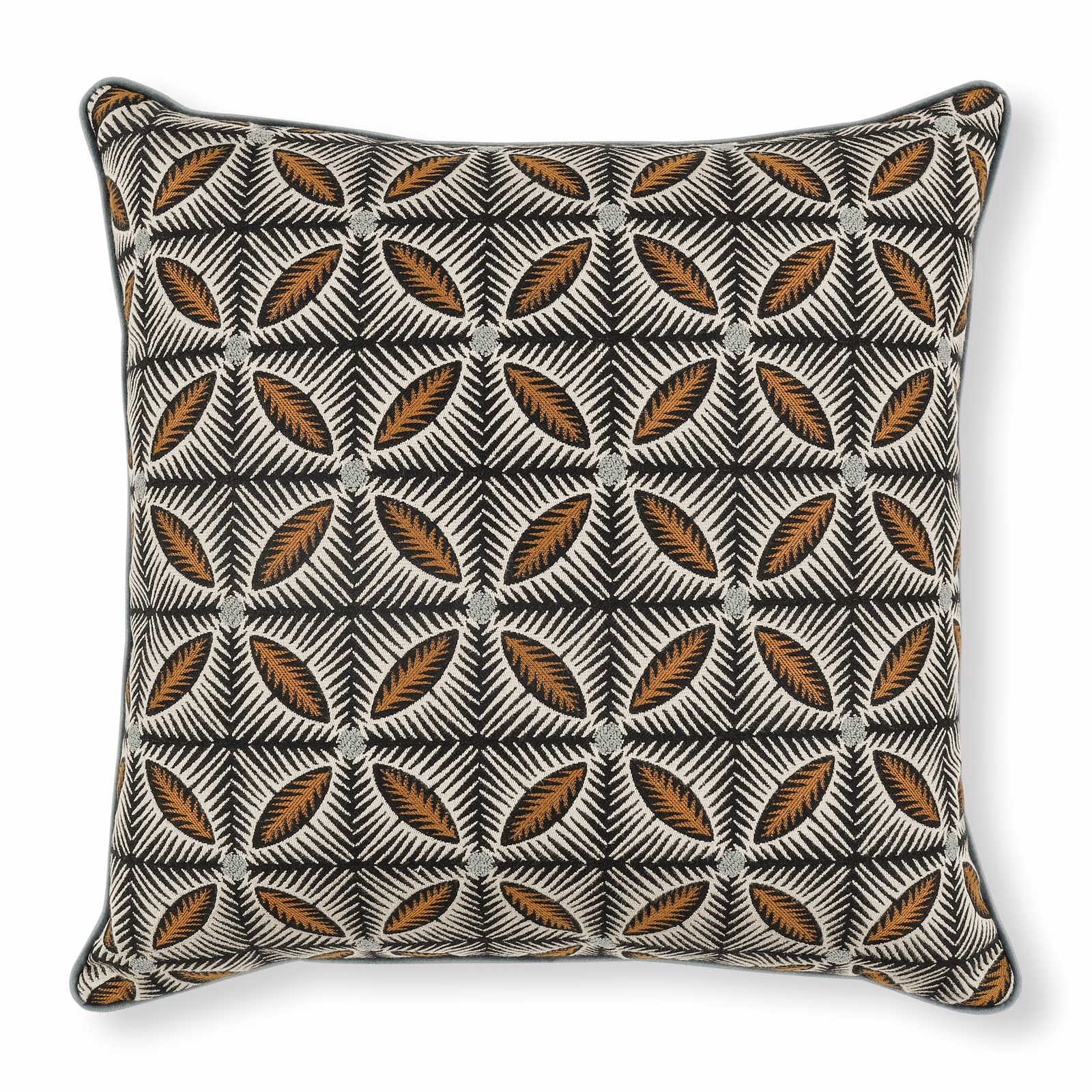 Charcoal and cream lattice cushion with repeating ochre leaf motifs