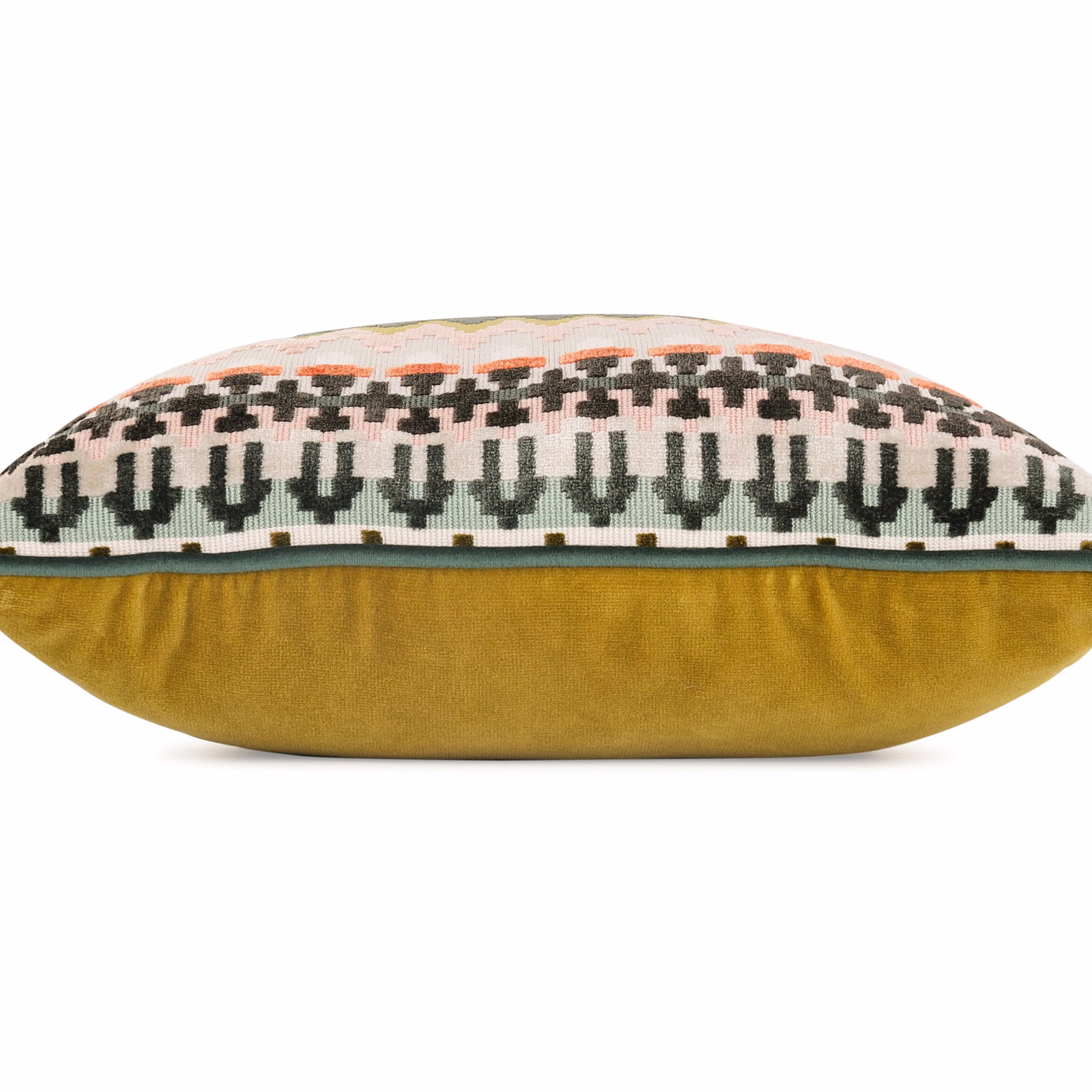 Mustard ochre cushion with cream, charcoal, green and pink geometric bands
