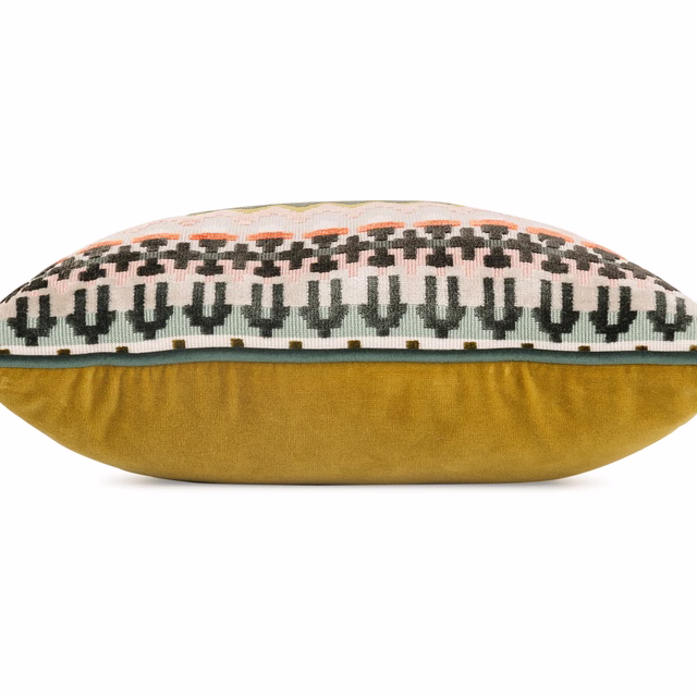 Mustard ochre cushion with cream, charcoal, green and pink geometric bands