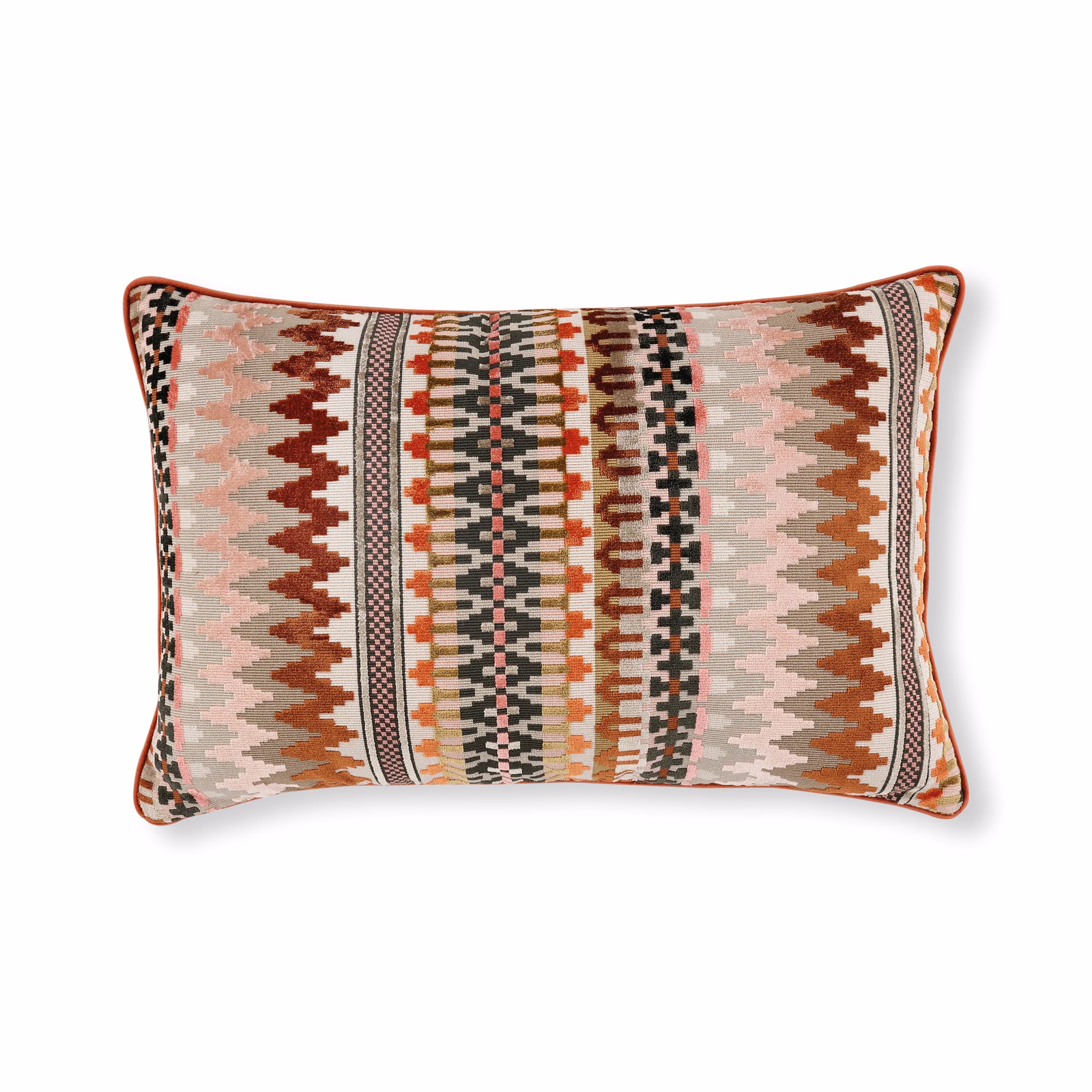 Sienna geometric cushion with rust zigzags, blush bands and charcoal woven stripes