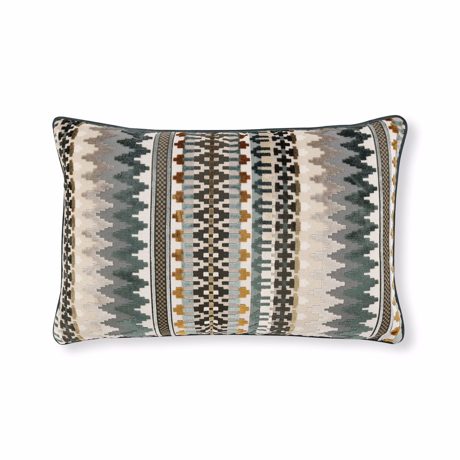 Tourmaline teal geometric cushion with ivory, charcoal and ochre vertical woven bands