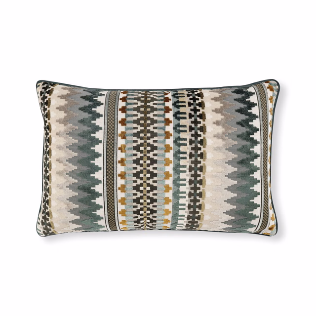 Tourmaline teal geometric cushion with ivory, charcoal and ochre vertical woven bands
