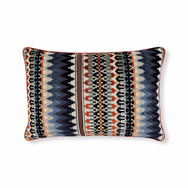 Twilight cushion with navy, pale blue, cream and terracotta geometric bands