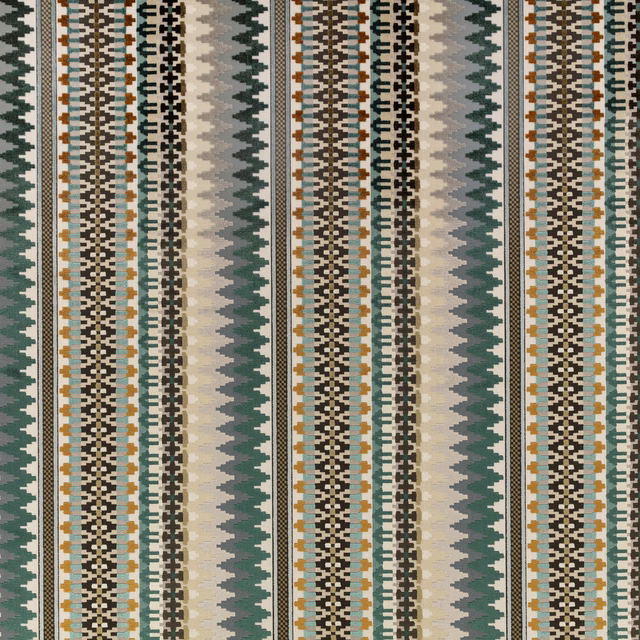 Sage and teal geometric striped fabric with charcoal, cream and ochre woven motifs