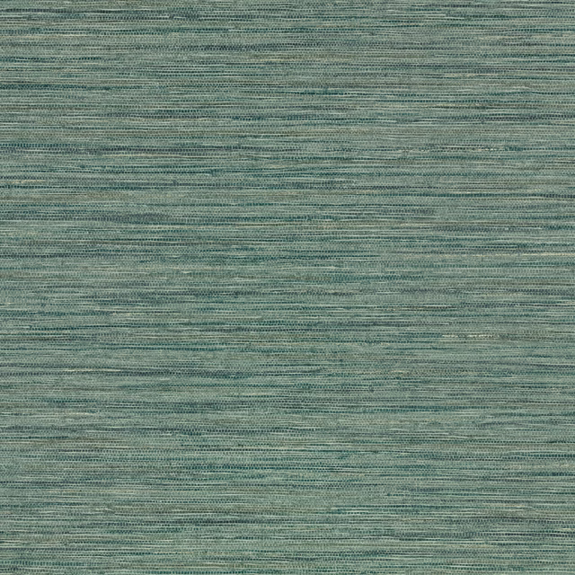 Muted blue-green embossed wallpaper with fine horizontal striations and softly varied grey-green threads