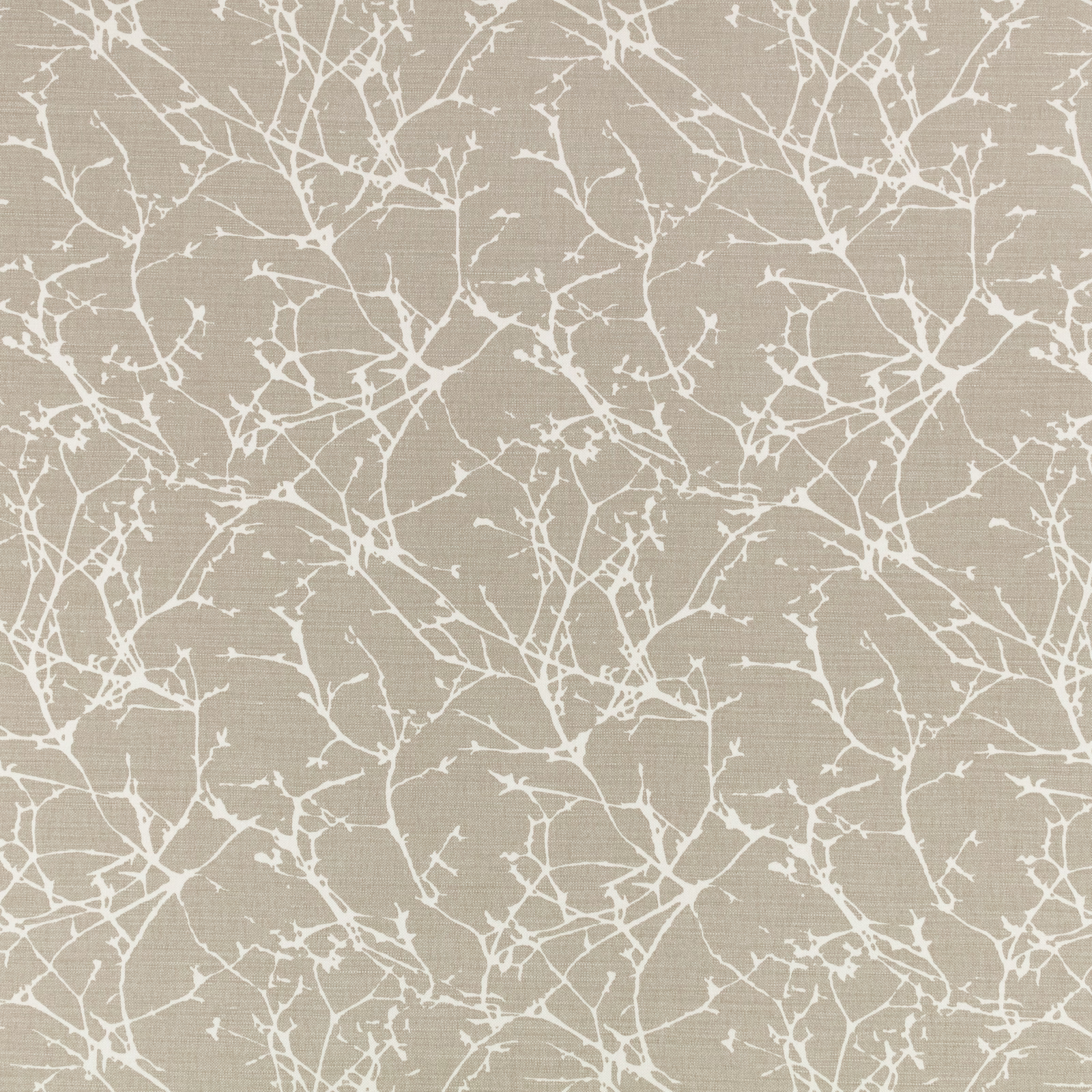 Warm greige woven fabric with delicate soft-white branching twigs