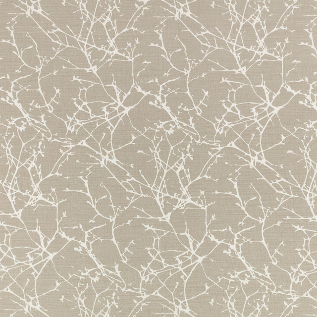 Warm greige woven fabric with delicate soft-white branching twigs