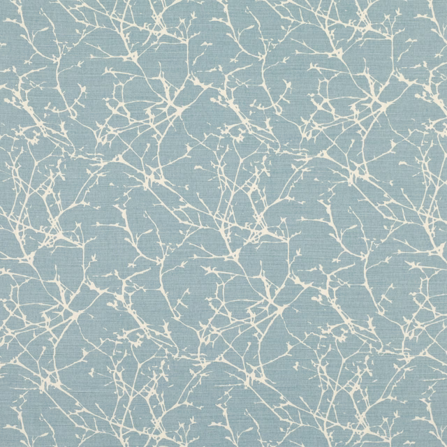 Muted tourmaline-blue fabric with fine ivory branching lines and woven texture