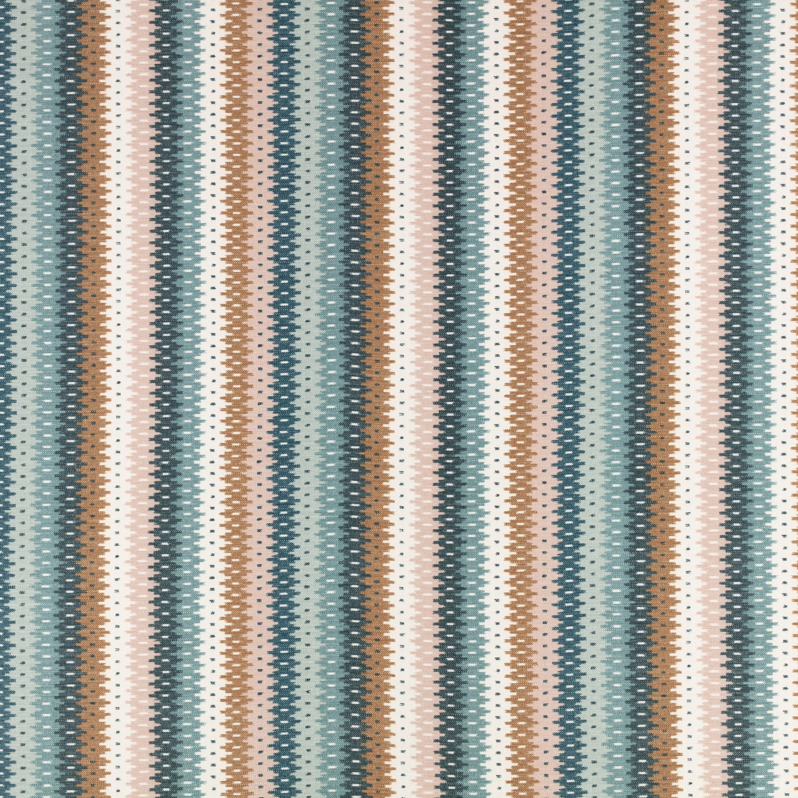 Teal, cream, brown and grey ikat-style vertical stripes in a tight woven texture