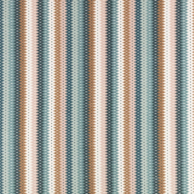 Teal, cream, brown and grey ikat-style vertical stripes in a tight woven texture