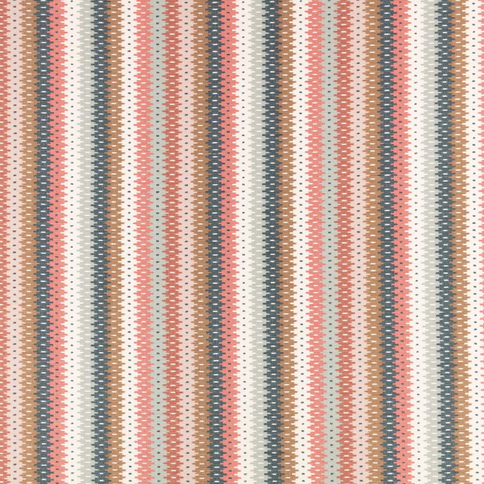 Coral, teal and taupe zigzag stripes woven across a cream ground