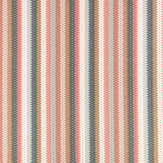 Coral, teal and taupe zigzag stripes woven across a cream ground