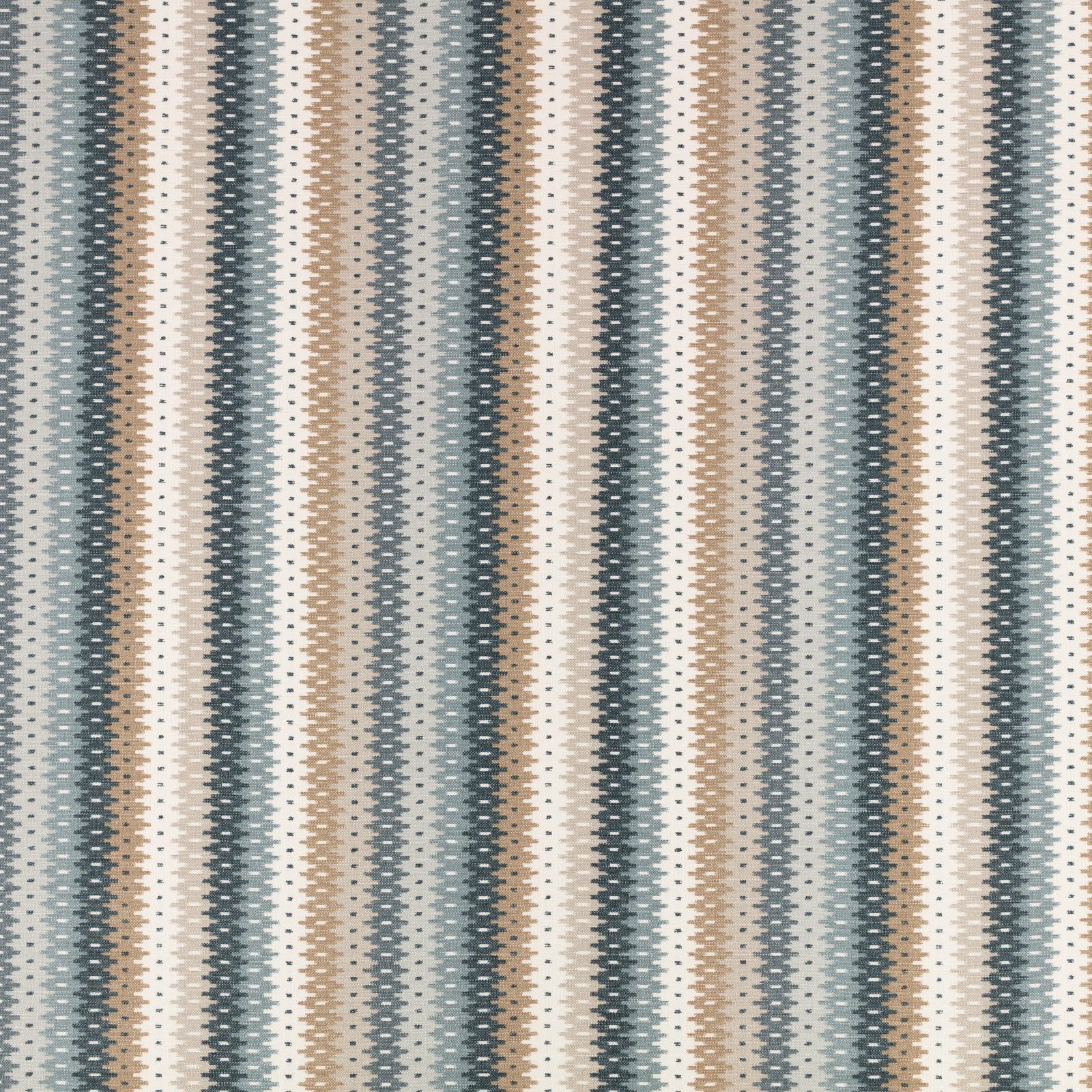 Cool grey-blue, cream and taupe striped textile with tiny repeated dash motifs