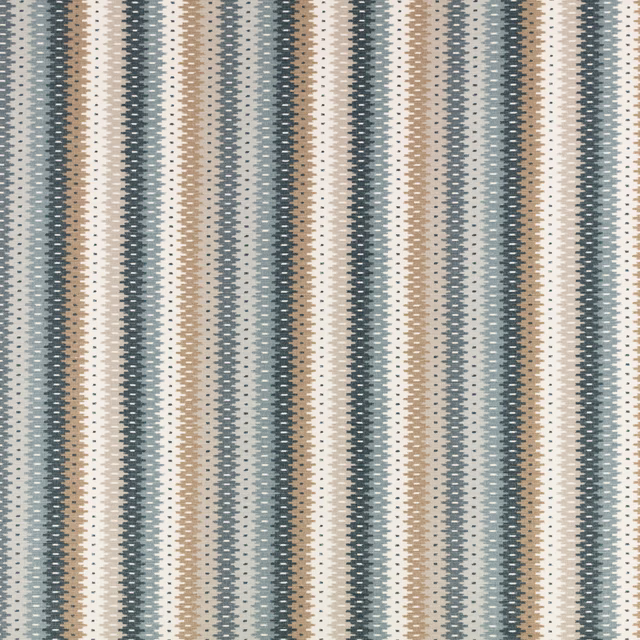 Cool grey-blue, cream and taupe striped textile with tiny repeated dash motifs