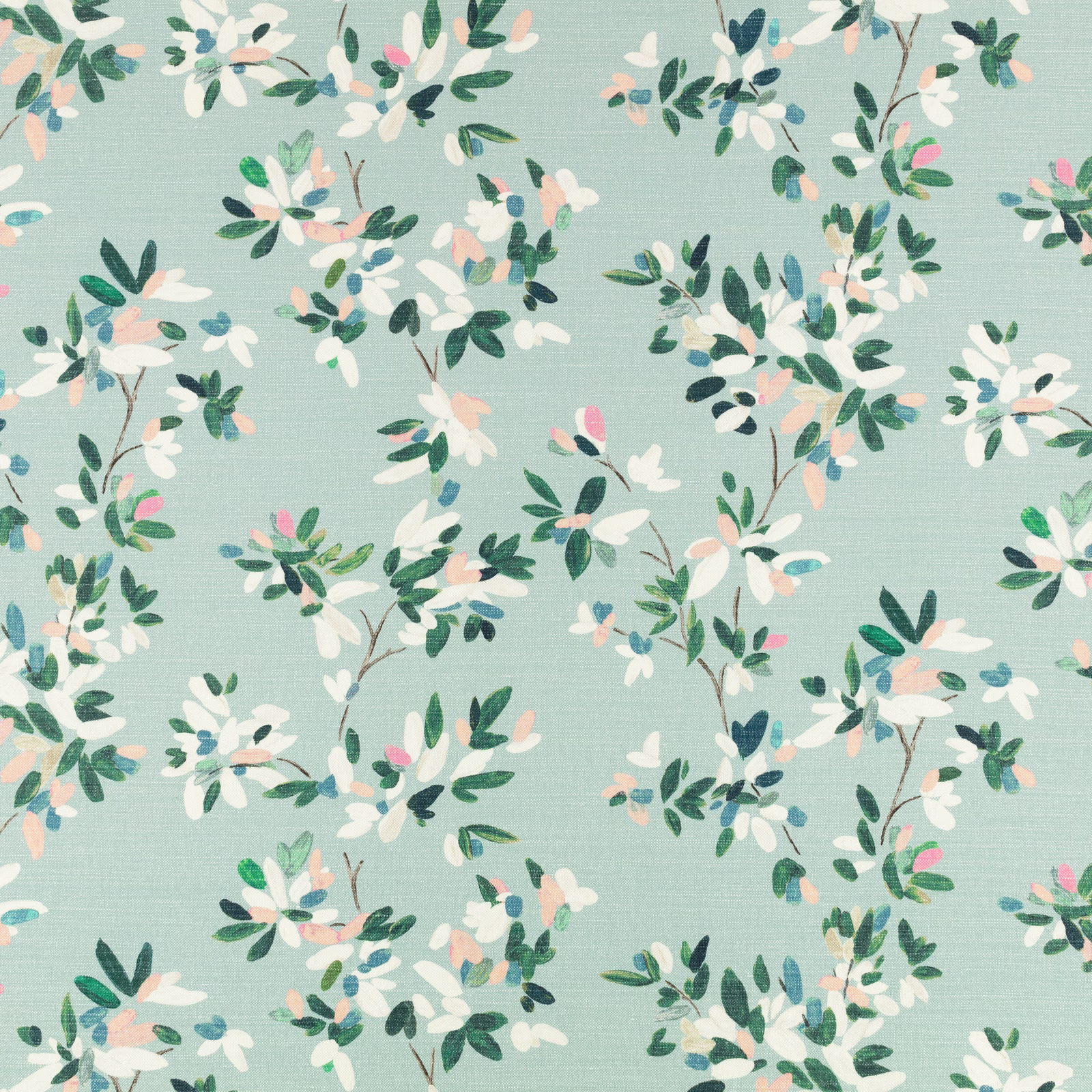 Pale aqua woven fabric with scattered white blossoms and deep green leaves