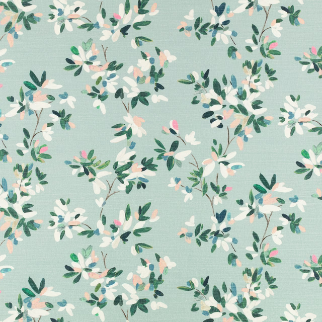 Pale aqua woven fabric with scattered white blossoms and deep green leaves