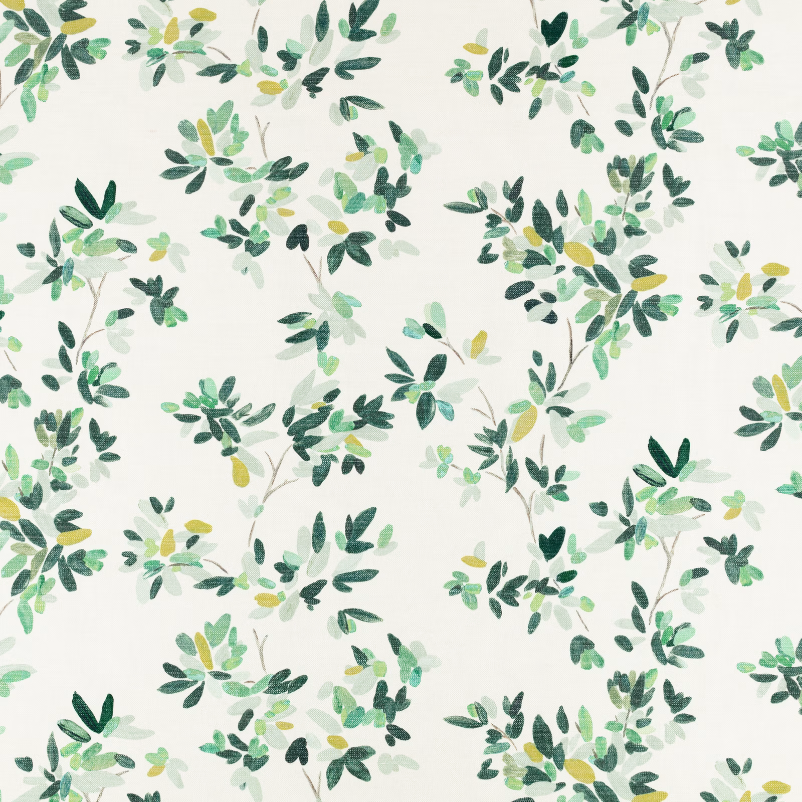 Cream fabric with scattered mint, sage and deep green leafy botanical sprigs