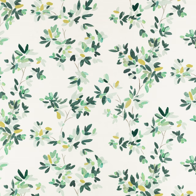 Cream fabric with scattered mint, sage and deep green leafy botanical sprigs